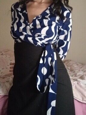 Blue and White Patterned Wrap Dress
